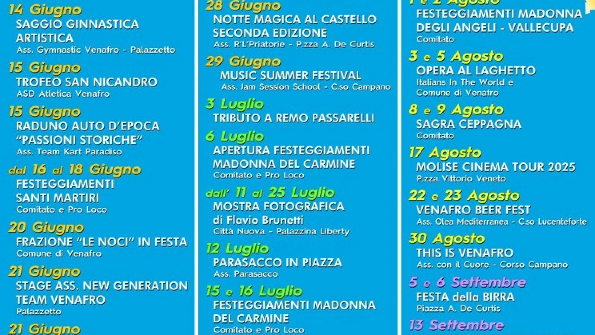 Al via l’estate Venafrana 2025. Presentato il calendario degli eventi. La nota del sindaco Alfredo Ricci.